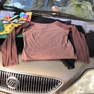 NWT BabyStyle Maternity New Mom Brown Bark Cotton Tee Sheer Long Sleeves Large L